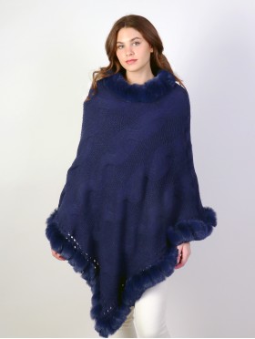 Solid Color Knitted Poncho W/ Fur Collar & Trim